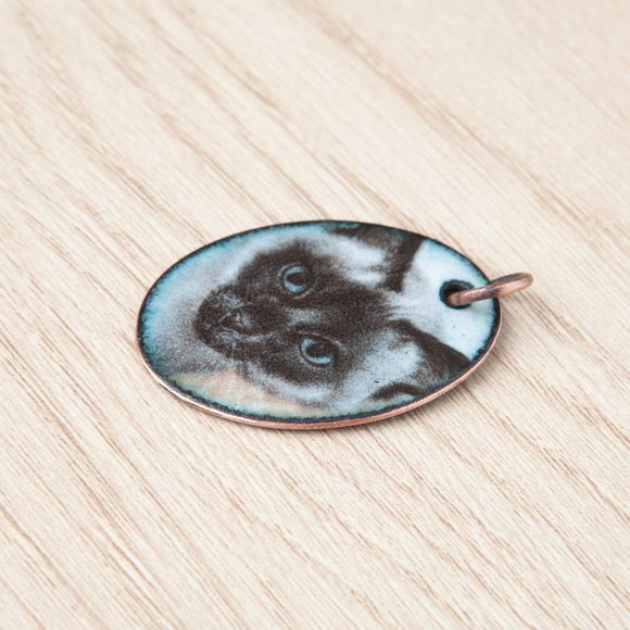Handmade Copper Enamel Siamese Kitty Cat Pendant Handcrafted Jewelry 1.375" x 1" - Picture 7 of 7
